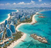 ai generato aereo Visualizza di il bellissimo tropicale spiaggia con lusso alberghi nel hong kong foto