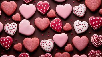 ai generato superiore angolo Visualizza di rosa, rosso e cioccolato biscotti con cuore forma modello. gruppo di cuore forma biscotti. per San Valentino saluto, romantico sfondo concetto. generativo ai foto