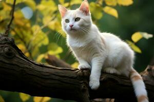 ai generato affascinante vista un' bianca gatto su un' albero ramo incarna sereno, naturale eleganza foto