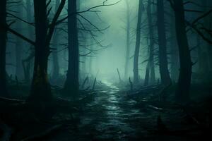 ai generato raccapricciante paesaggio buio foresta avvolto nel frequentato nebbia, 3d interpretazione foto