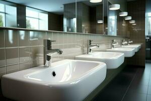 ai generato toilette concetto moderno pubblico bagno con riga di bianca affonda foto