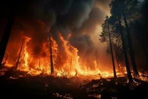 ai generato ecologico disastro incontrollato fiamme condurre per un' molto diffuso foresta fuoco foto