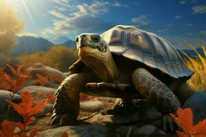 ai generato terrestre maestà un' tartarughe sereno presenza catturato su il terra foto