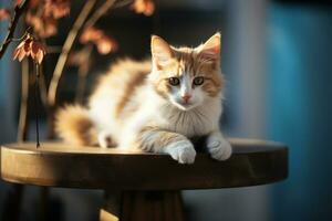 ai generato blu con gli occhi bellezza giovane gattino con sbalorditivo blu occhi, rosso e bianca foto