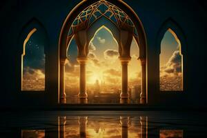 ai generato Ramadan kareem saluti irradiare con lanterna, moschea, finestra concetto foto