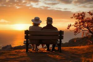 ai generato anziano coppia gode un' tranquillo, calmo tramonto su un' panca, incarnando duraturo amore foto