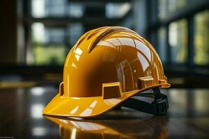 ai generato posto di lavoro protezione sicurezza casco di il costruzione lavoratore squadra in mostra foto