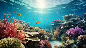 ai generato luminosa subacqueo mondo. corallo scogliera. pesce e marino impianti. copia spazio. foto