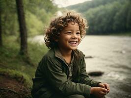 ai generato bambino ride seduta nel natura, foresta, fiume, emozioni, Riccio bambino, ragazzo foto