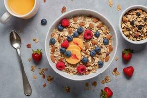 ai generato superiore Visualizza salutare prima colazione con muesli foto