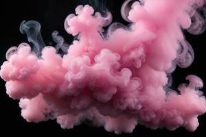 ai generato astratto denso soffice sbuffi di rosa Fumo su nero sfondo foto