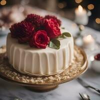 ai generato torta con rosso Rose su un' bianca marmo sfondo. selettivo messa a fuoco. foto
