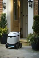 ai generato consegna robot a il porta di casa. ai generato foto