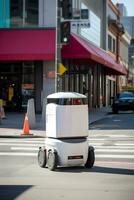 ai generato consegna robot è guida giù città strada. autonomo ultimo miglio consegna concetto. ai generato foto