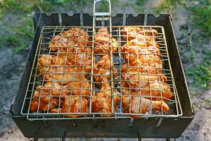 speziato marinato pollo Ali e gambe su griglia e su un' estate barbecue. foto