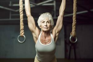 ai generato ritratto di atletico grigio capelli donna Lavorando su nel Palestra . fitness e bodybuilding concetto foto