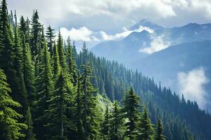 ai generato un' mozzafiato Visualizza di nebbioso montagne circondato di un' denso, lussureggiante verde foresta sotto un' in parte nuvoloso cielo. il atmosfera è sereno con un aria di la tranquillità e soggezione foto