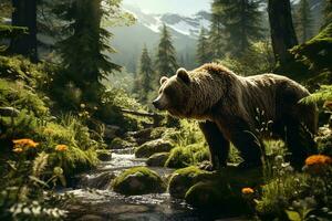 ai generato un' maestoso orso accanto un' chiaro ruscello nel un' lussureggiante foresta con torreggiante montagne sfondo, Incapsulando della natura grandezza. foto