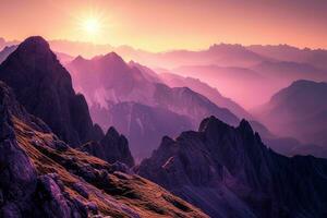 ai generato un' sbalorditivo Alba al di sopra di un' aspro montagna gamma. il sole è visibile e calchi un' caldo, d'oro leggero attraverso il scena. foto