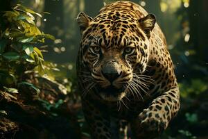 ai generato un' giaguaro nel un' foresta ambientazione, catturato a metà passo con un intenso sguardo in mezzo lussureggiante verde. luce del sole filtri attraverso il alberi sopra, foto