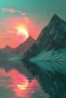 ai generato un' tranquillo scena cattura un' tramonto al di sopra di montagne, con il lago riflettendo il ipnotizzante rosa e alzavola toni di il cielo. foto