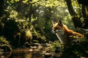 ai generato un' sereno e magico momento nel un' denso foresta. un' Volpe è il focale punto, seduta di un' piccolo ruscello con suo pelliccia illuminato di raggi di sole. foto