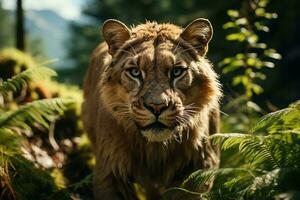 ai generato un' maestoso puma nel un' naturale habitat, circondato di vivace verde fogliame e illuminato di il morbido splendore di luce del sole, trasudante un' senso di selvaggio bellezza. foto