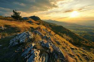 ai generato d'oro tramonto illuminante un' roccioso paesaggio, getto ombre e mette in risalto, rivelatrice un' tranquillo valle sotto. foto