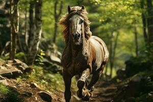ai generato un' maestoso cavallo corre attraverso un' tranquillo, calmo foresta, luce del sole filtraggio attraverso il alberi punti salienti suo potente e grazioso movimento. foto