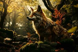 ai generato un' maestoso Volpe in mezzo un incantevole autunno foresta. nebbioso mattina leggero filtri attraverso d'oro le foglie illuminante rocce e muschio. foto