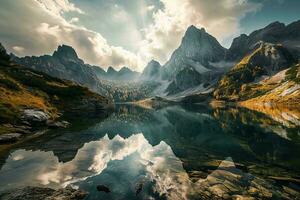 ai generato un' mozzafiato paesaggio con torreggiante montagne, un' tranquillo lago con riflessi di il cielo e picchi. foto