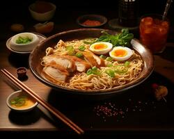 ai generato giapponese ramen con uova e verdure nel un' ciotola foto