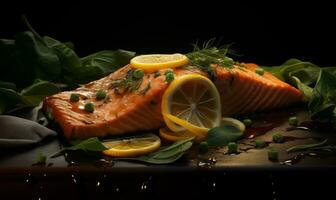 ai generato delizioso cucinato salmone pesce filetti foto