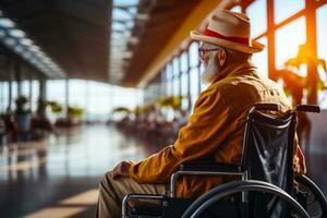 ai generato convenienza di moderno aeroporto terminali accessibile per persone con limitato mobilità, adulto uomo nel un' sedia a rotelle nel un' moderno aeroporto terminale in attesa per dai un'occhiata nel per un' volo foto