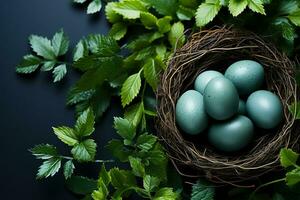 ai generato uova nel nido di rami su verde foglie, piatto posizione, idea per un' congratulazione o cartolina per Pasqua foto