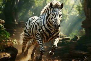 ai generato un' dinamico fotografia di un' zebra nel pieno sprint in mezzo un' sereno, illuminata dal sole foresta. il zebra distinto strisce contrasto nettamente con il circostante verdura foto