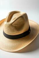 ai generato ritratto di un' Panama cappello contro bianca sfondo, un' di colore chiaro, finemente intrecciata cappello fatto a partire dal il cannuccia di il toquilla pianta, generativo ai foto