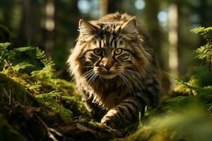 ai generato un' bellissimo gatto con Impressionante verde occhi e lussureggiante pelliccia passeggiate con grazia tra il verdura di un' illuminata dal sole foresta. foto