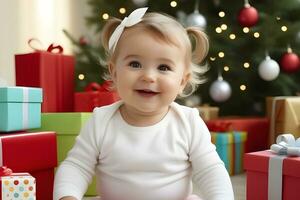 ai generato ritratto di un' contento bianca femmina bambino piccolo circondato di i regali con spazio per testo, generativo ai, sfondo Immagine foto