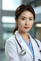 ai generato ritratto di un' asiatico femmina medico contro un' ospedale atmosfera sfondo con spazio per testo, generativo ai, sfondo Immagine foto