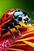 ai generato ottenere un da vicino Visualizza di un' coccinella, in mostra suo vivace colori, macchie, e il struttura di suo minuscolo guscio, sfondo Immagine, generativo ai foto