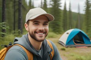 ai generato ritratto di un' giovane sorridente bianca maschio indossare cappello campeggio nel natura, generativo ai, sfondo Immagine foto