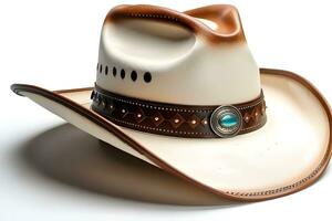 ai generato ritratto di un' cowboy cappello contro bianca sfondo, un' a tesa larga cappello con un' alto corona, generativo ai foto