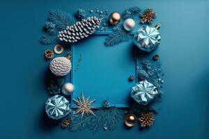 ai generato Natale telaio con Natale decorazioni su blu sfondo foto