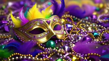 ai generato mardi gras, veneziano o carnevale maschera viola sfondo. carnevale Festival, tradizionale decorazione, simbolico colori foto