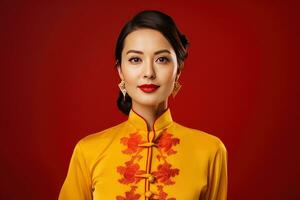 ai generato contento giovane asiatico donna indossare tradizionale Cinese costume su studio sfondo, contento Cinese nuovo anno foto