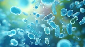 ai generato vicino su di microscopico batteri illustrazione. scientifico, intestino batteri, batteri nel digestivo sistema foto