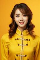 ai generato studio ritratto di contento giovane asiatico donna indossare tradizionale Cinese costume su giallo sfondo, contento Cinese nuovo anno. foto