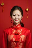 ai generato studio ritratto di contento giovane asiatico donna indossare tradizionale Cinese costume su rosso sfondo, contento Cinese nuovo anno. foto