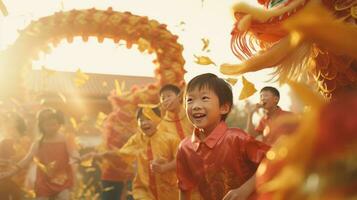ai generato contento asiatico ragazzo festeggiare Cinese nuovo anno all'aperto foto